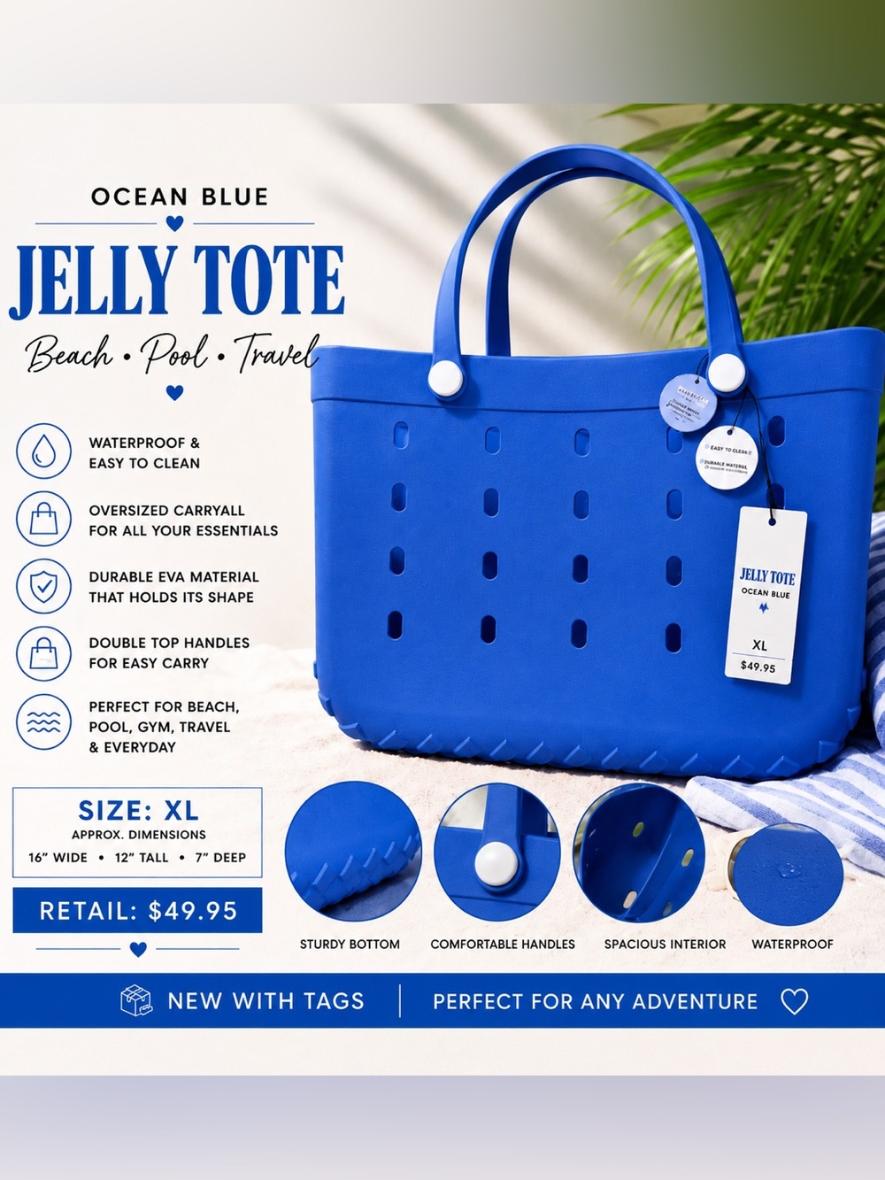 Beach Tote Rubber Jelly Bag Blue Waterproof Pool Tote Shopper Carryall